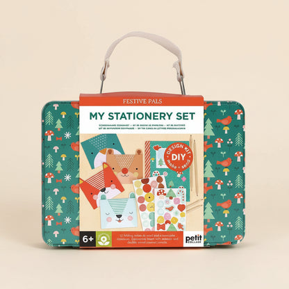 Festive Pals stationery set tin with carry handle and illustrated lid