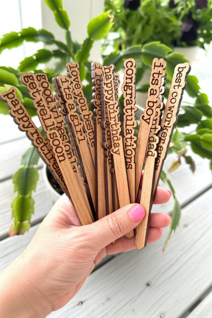 Close-up of wooden plant markers reading "I Love You," "Thinking of You," and "Good Vibes Only."