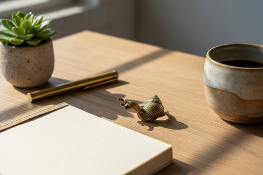 Brass snail figurine on a wooden desktop with other decor items in natural light.