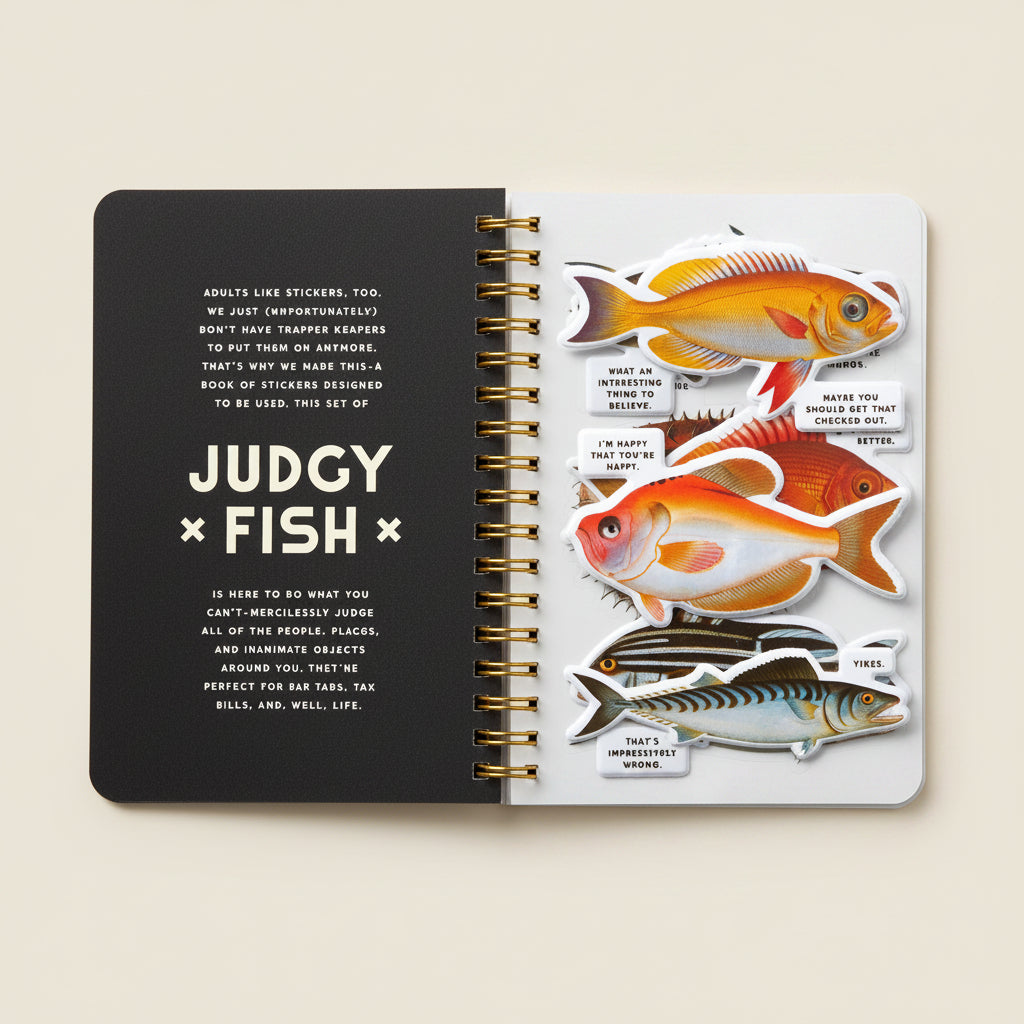 Notebook with fish-themed stickers on a white background