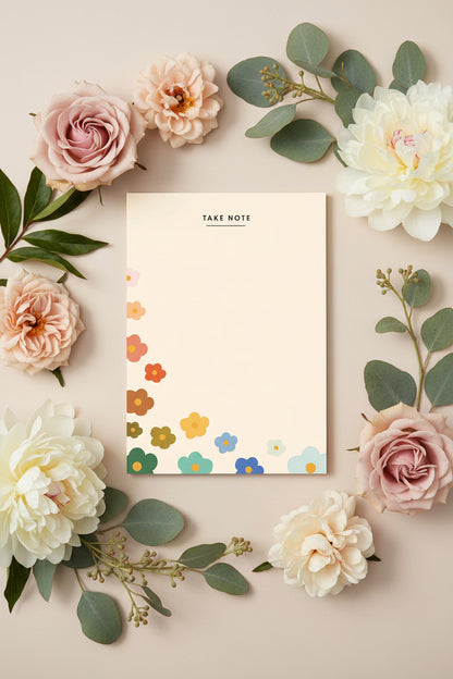 A colorful floral notepad with a rainbow-colored design and the text 'TAKE NOTE' on the cover.