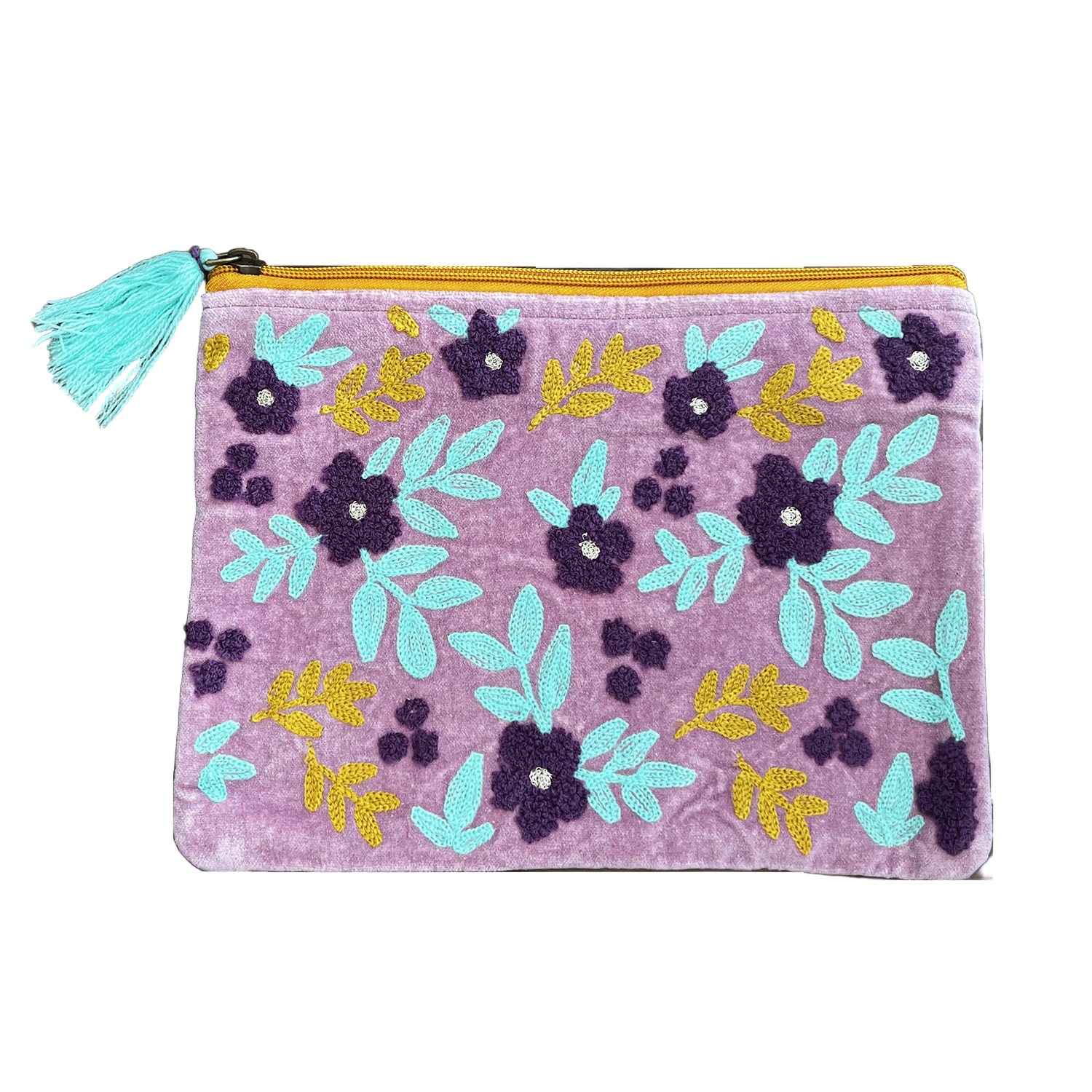 Floral-patterned pouch with a tassel on a white background