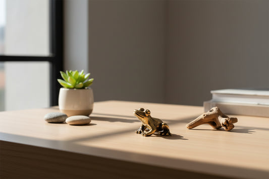 Small gold frog figurine on a wooden surface with a plant and books in the background
