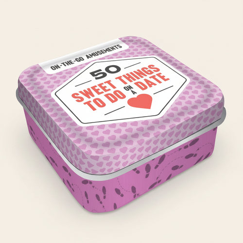 Pink tin box with heart patterns and text '50 Sweet Things to Do on a Date' on a white background
