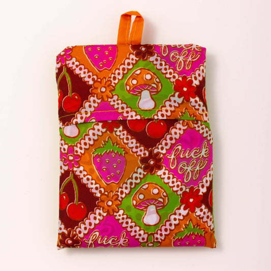 Compact F* Off Retro Art Sack® folded into a 4.5 x 5.75-inch pouch, easy to carry and store when not in use.