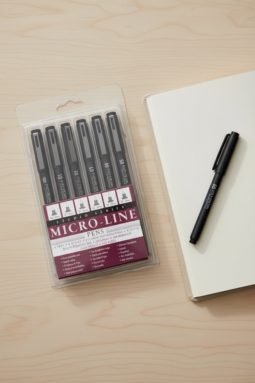 Studio Series Micro-Line Pen Set in clear case showing all 6 pen sizes on a desktop