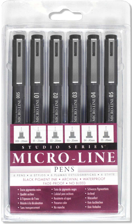 Studio Series Micro-Line Pen Set in clear case showing all 6 pen sizes