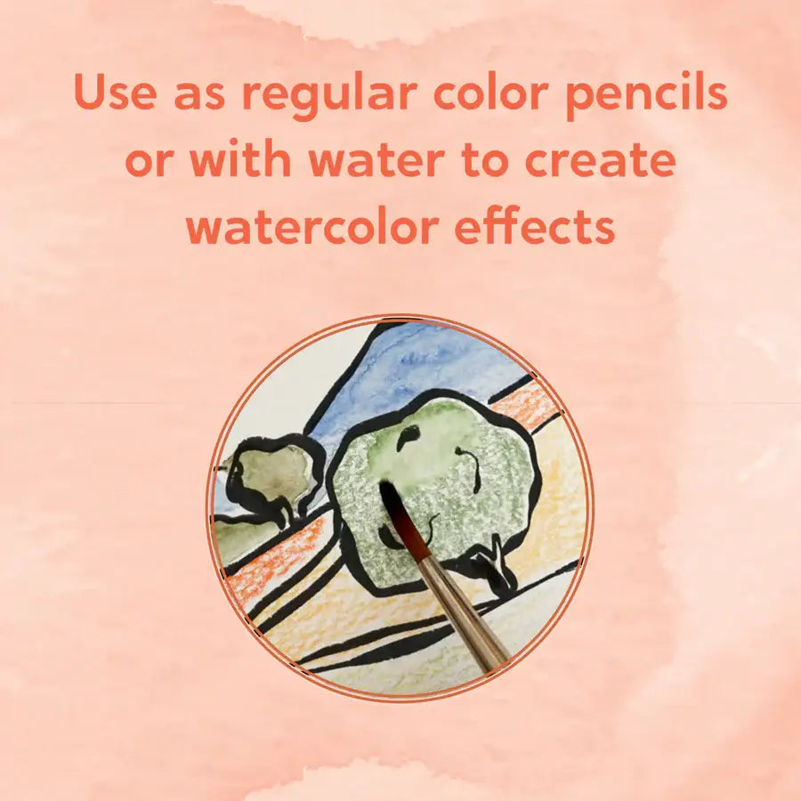 Illustration of a tree with a brush and text about using color pencils or water for effects on a pink background.