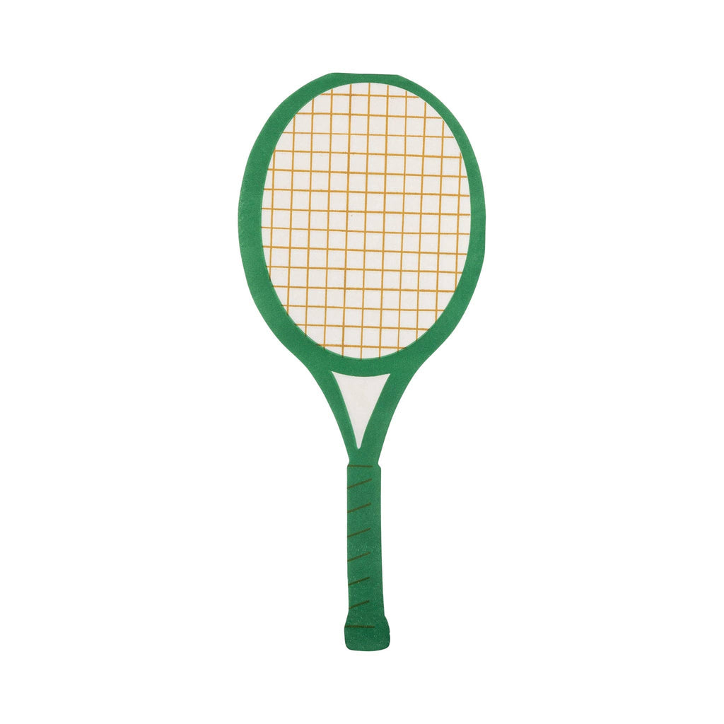 Back of Green Tennis racket-shaped cocktail napkins with gold foil accents