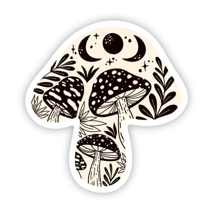 Mystic Fungi monochrome abstract mushroom sticker on laptop, water bottle, notebook, and phone case