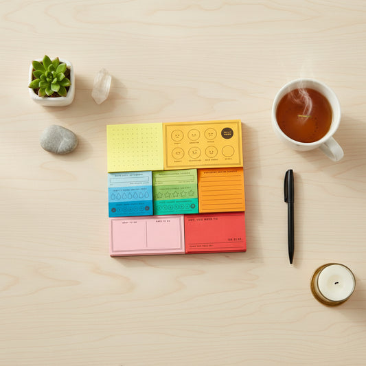 Colorful set of sticky notes with various designs on a white background