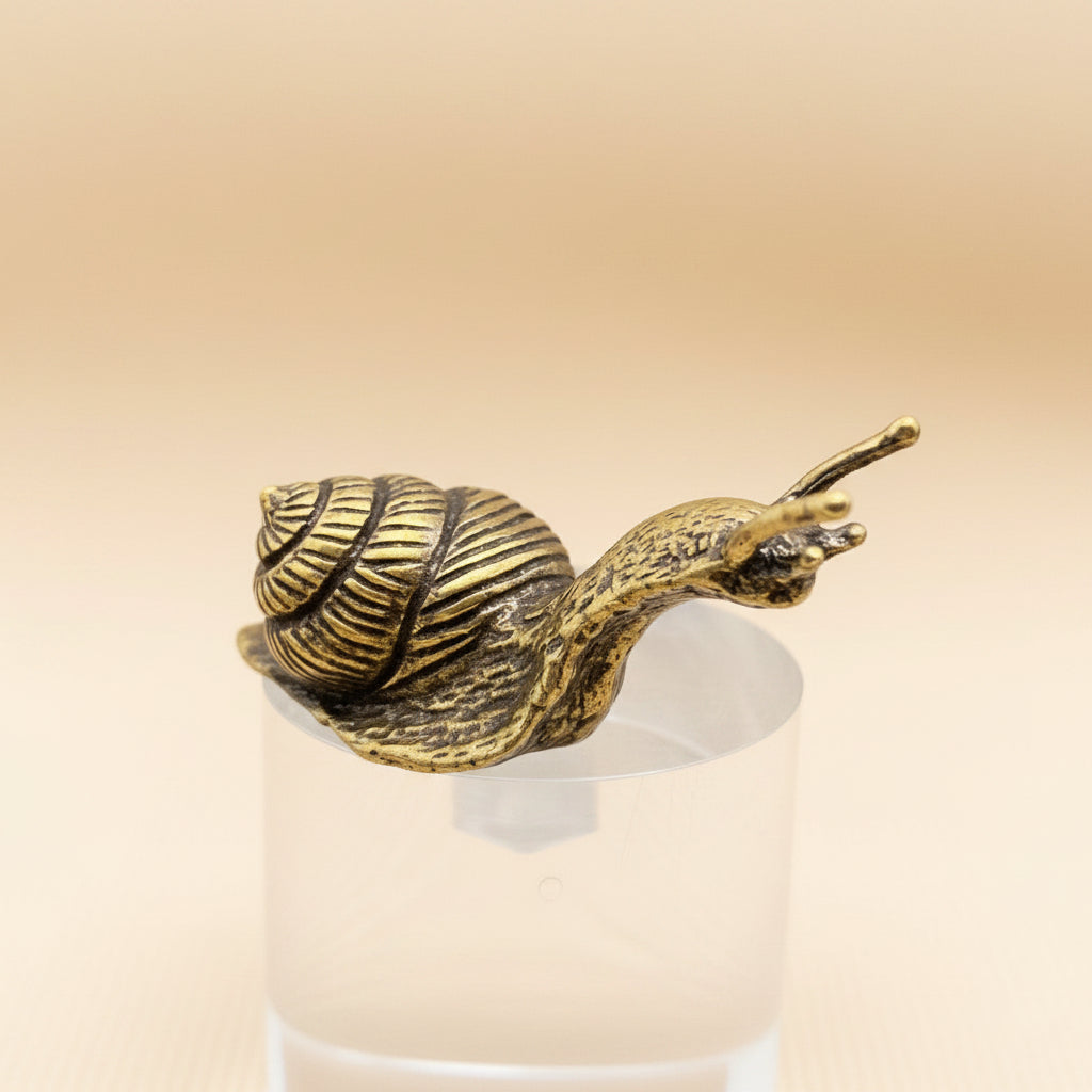 Bronze snail figurine on a clear stand against a neutral background