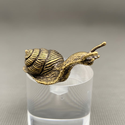 Bronze snail figurine on a clear stand against a neutral background