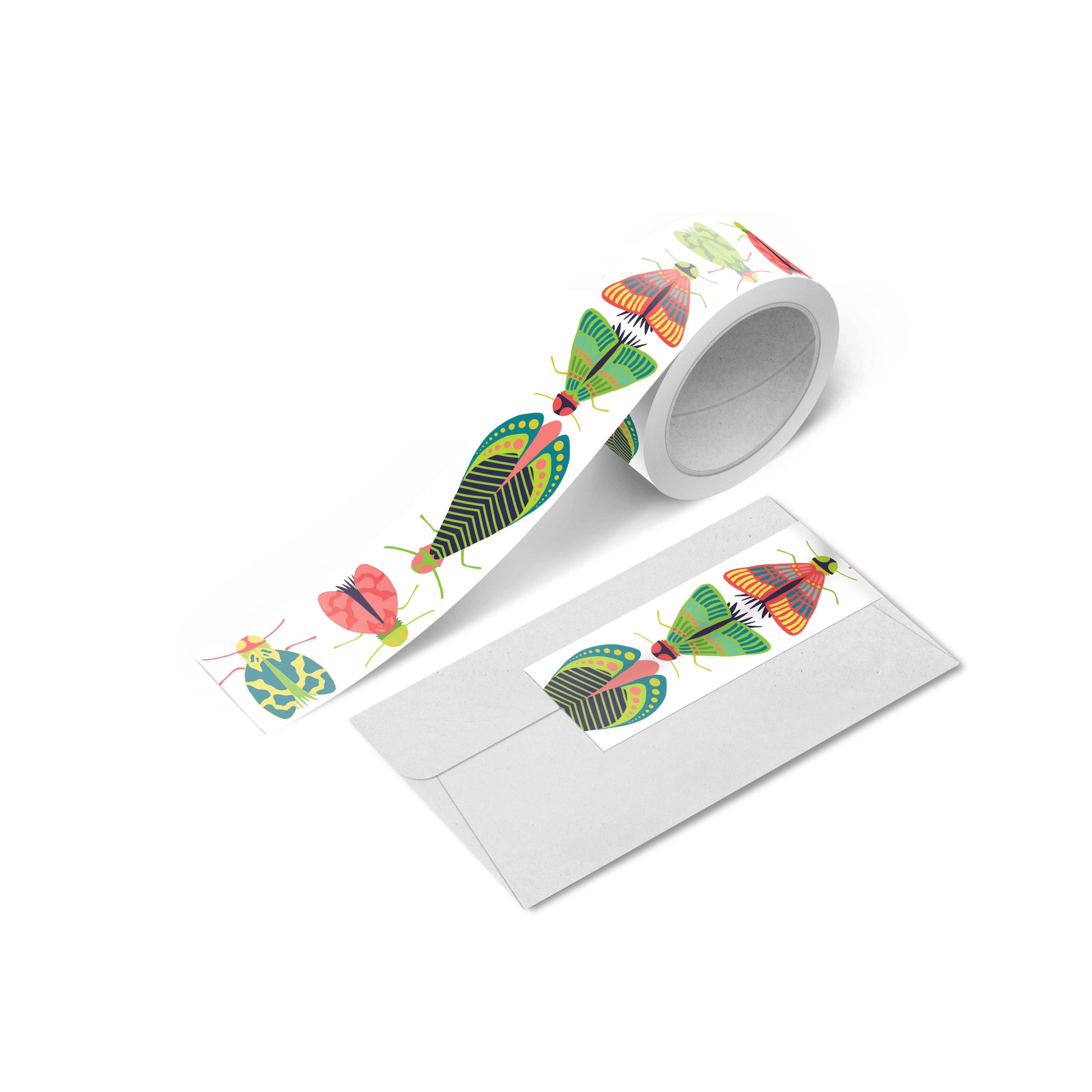 Close-up of bold insect illustrations on washi against a neutral background