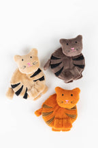 Three fabric cat tape measurers' in orange, beige, and gray on a white background