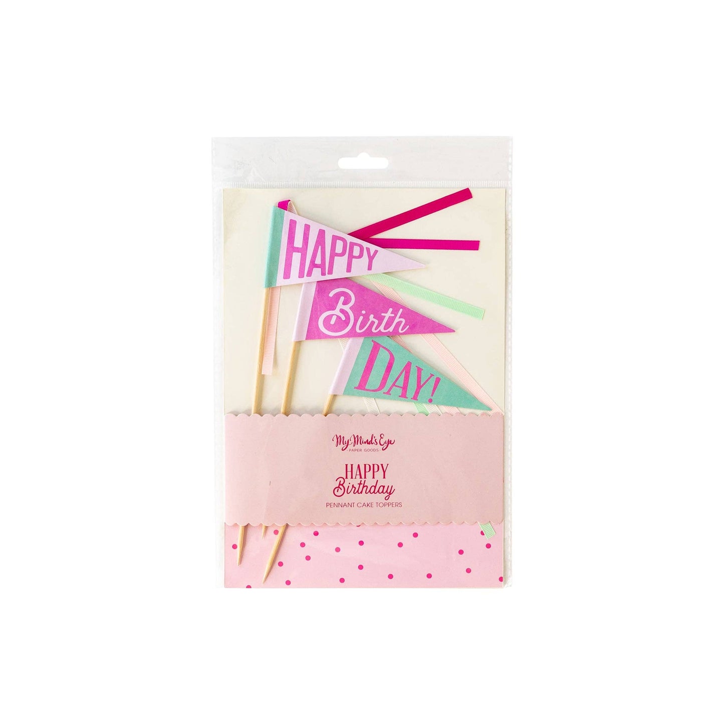 Packaged birthday pennant flags with 'Happy Birthday' text on a white background