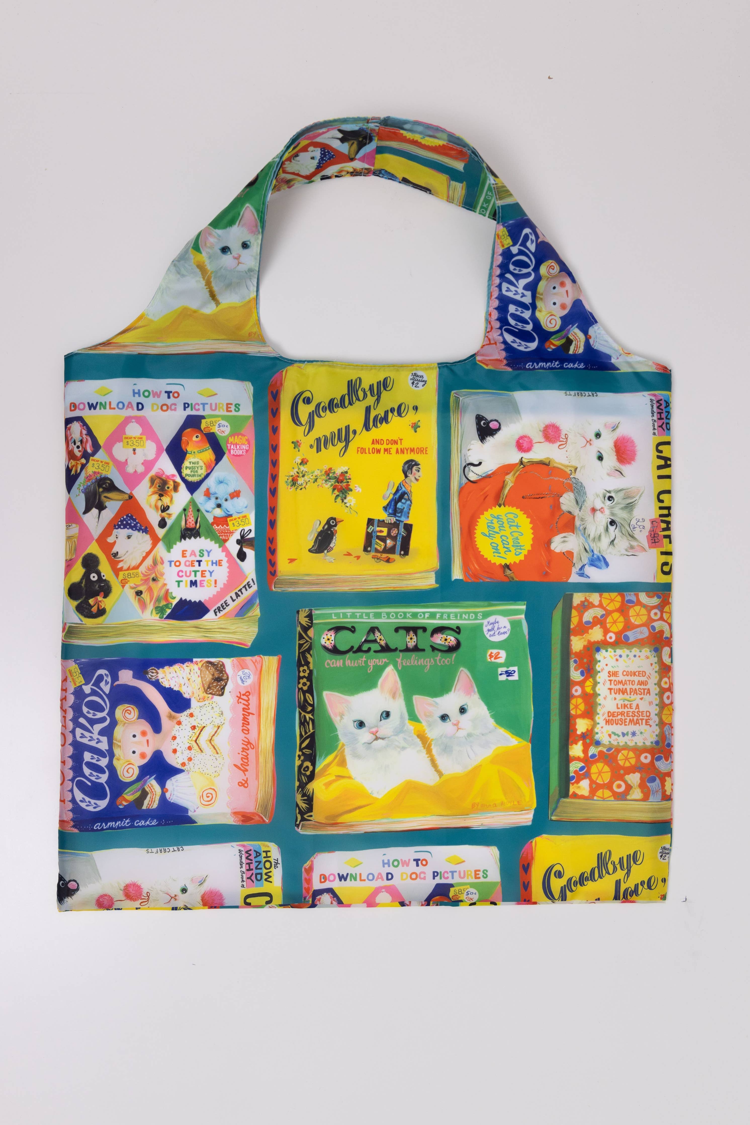 A multicolored tote bag featuring vintage-inspired book cover designs with various playful and sarcastic phrases.