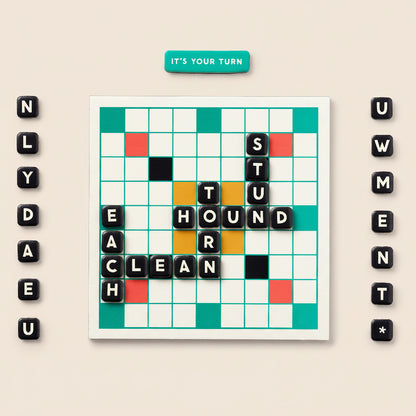 Board game with crossword-style grid and letter tiles on a white background
