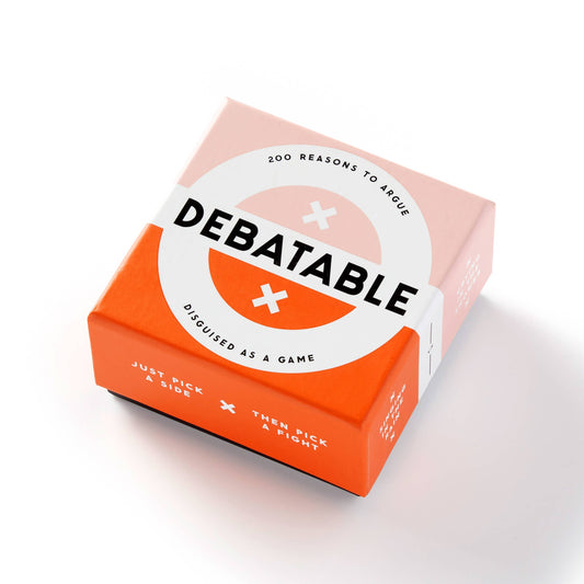 Close up view of the Debatable Game box 