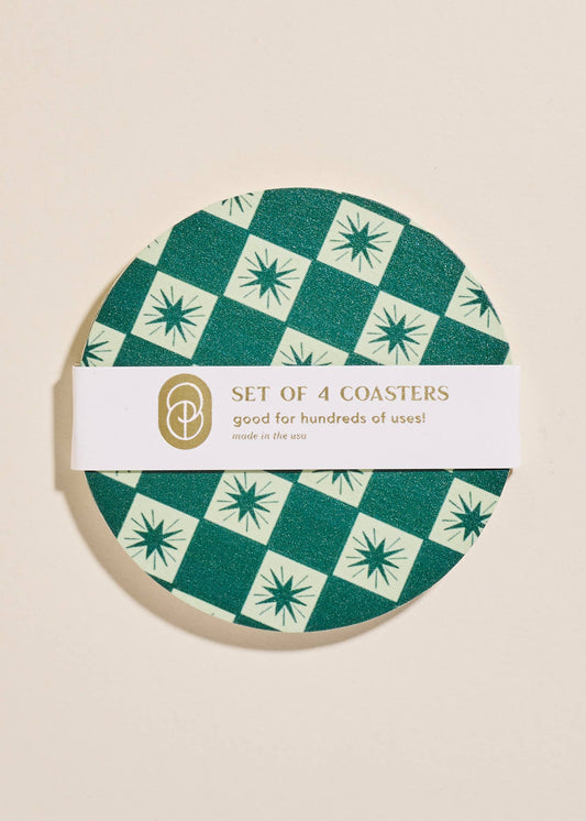 Eco-Friendly Green Checkered Star Coasters for Drinkware - Set of 4 | Stylish, Durable, and Sustainable