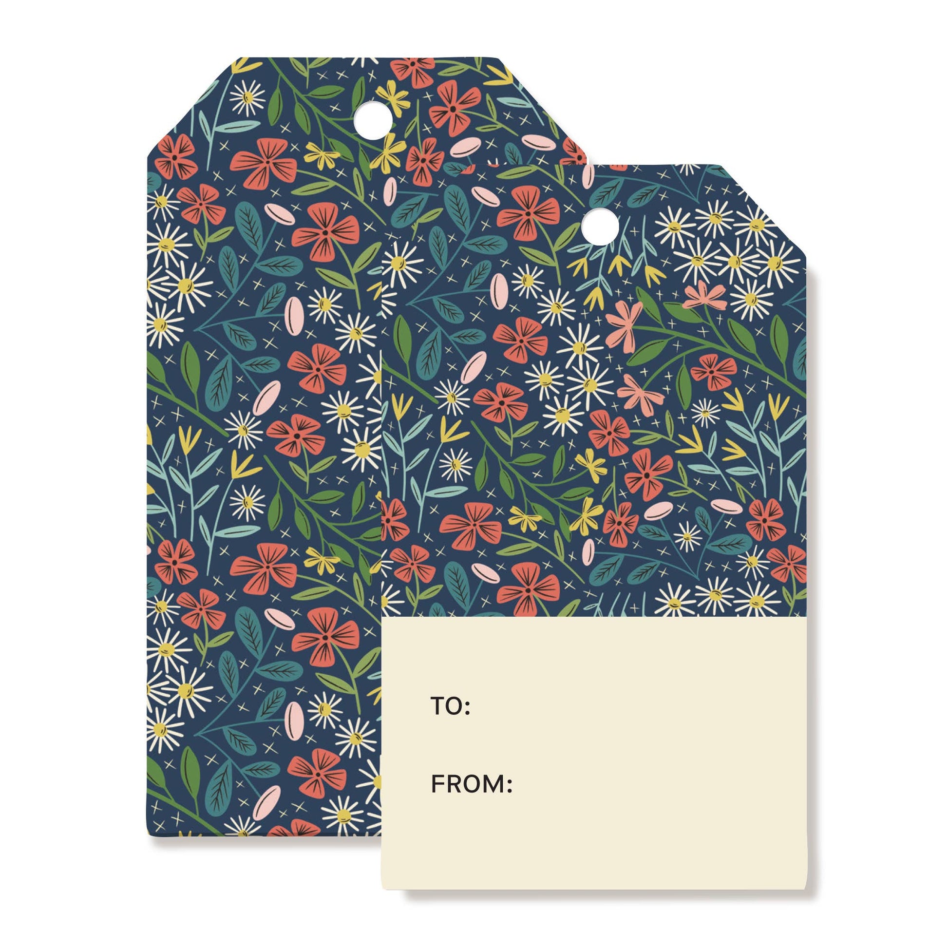 Close-up of lush moonlit floral pattern on front of tag