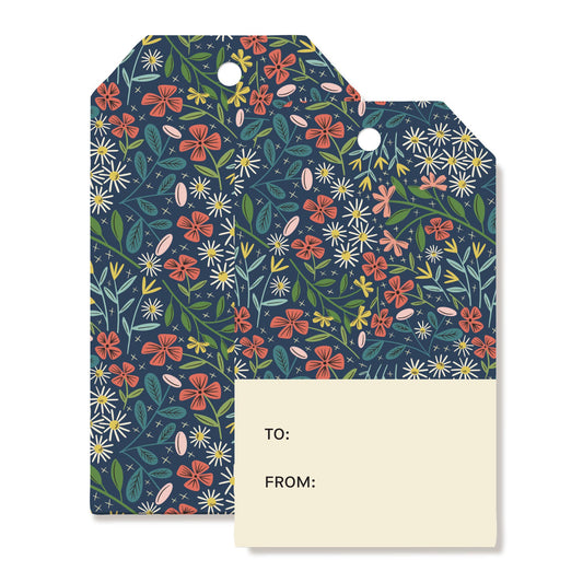 Close-up of lush moonlit floral pattern on front of tag