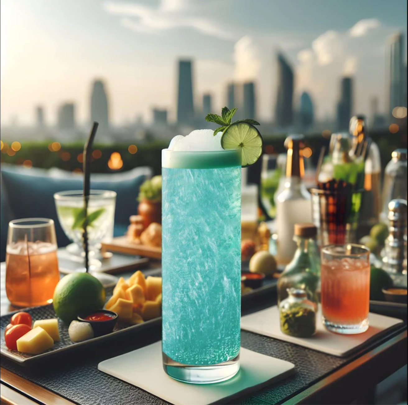 Teal Glitter Bomb dissolving in a glass of sparkling water, creating a shimmering teal hue.