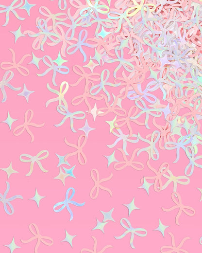 Tying the Knot confetti with pink bows and iridescent foil sparkles for bridal celebrations and gift boxes