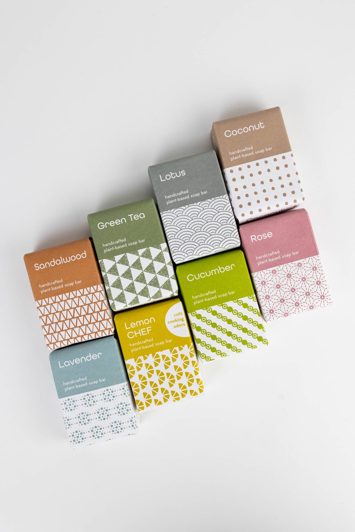 Collection of variously labeled soap boxes on a white background