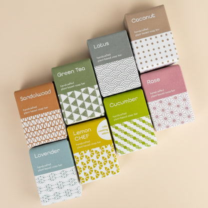 Collection of variously labeled soap boxes on a white background