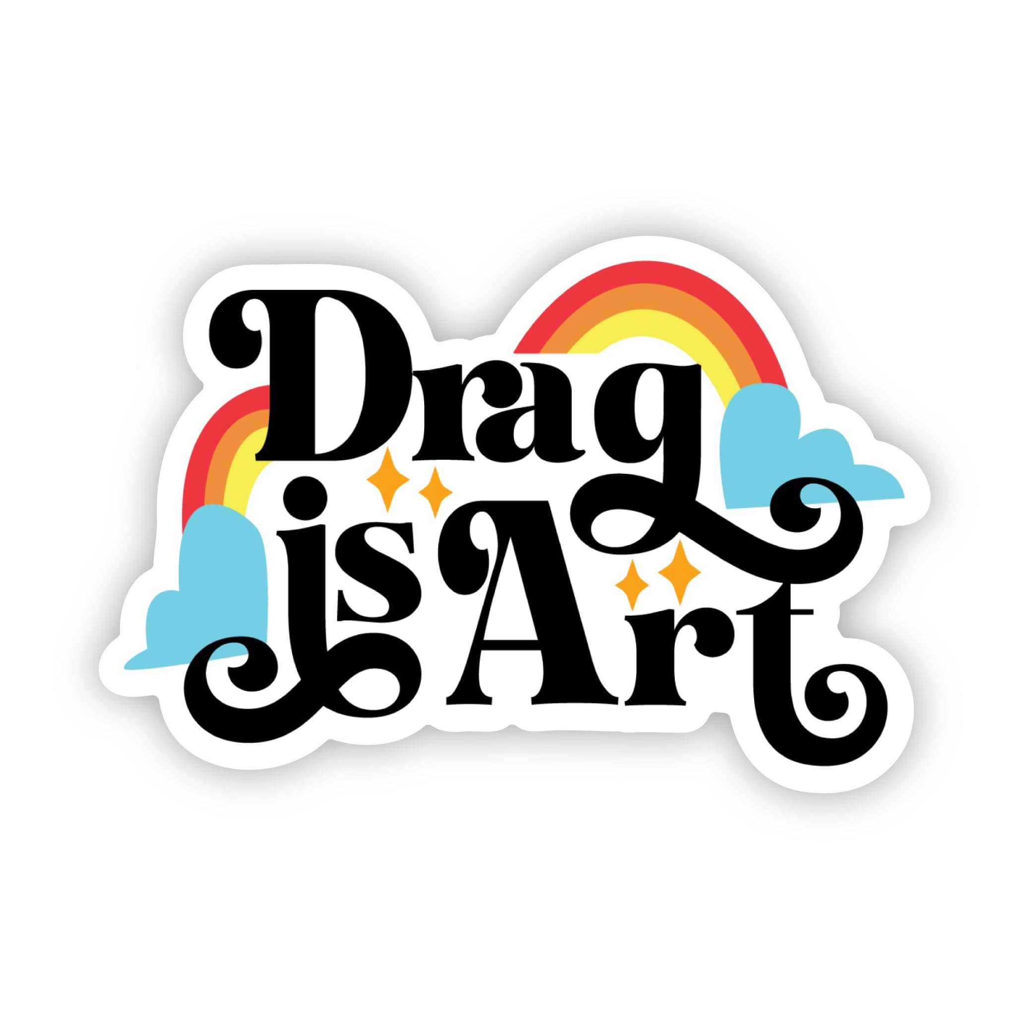 Sticker with 'Drag is Art' text and rainbow design on a white background