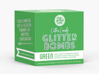 Box of Green Glitter Bombs with pouches and stir sticks, ready to add sparkle to any event.