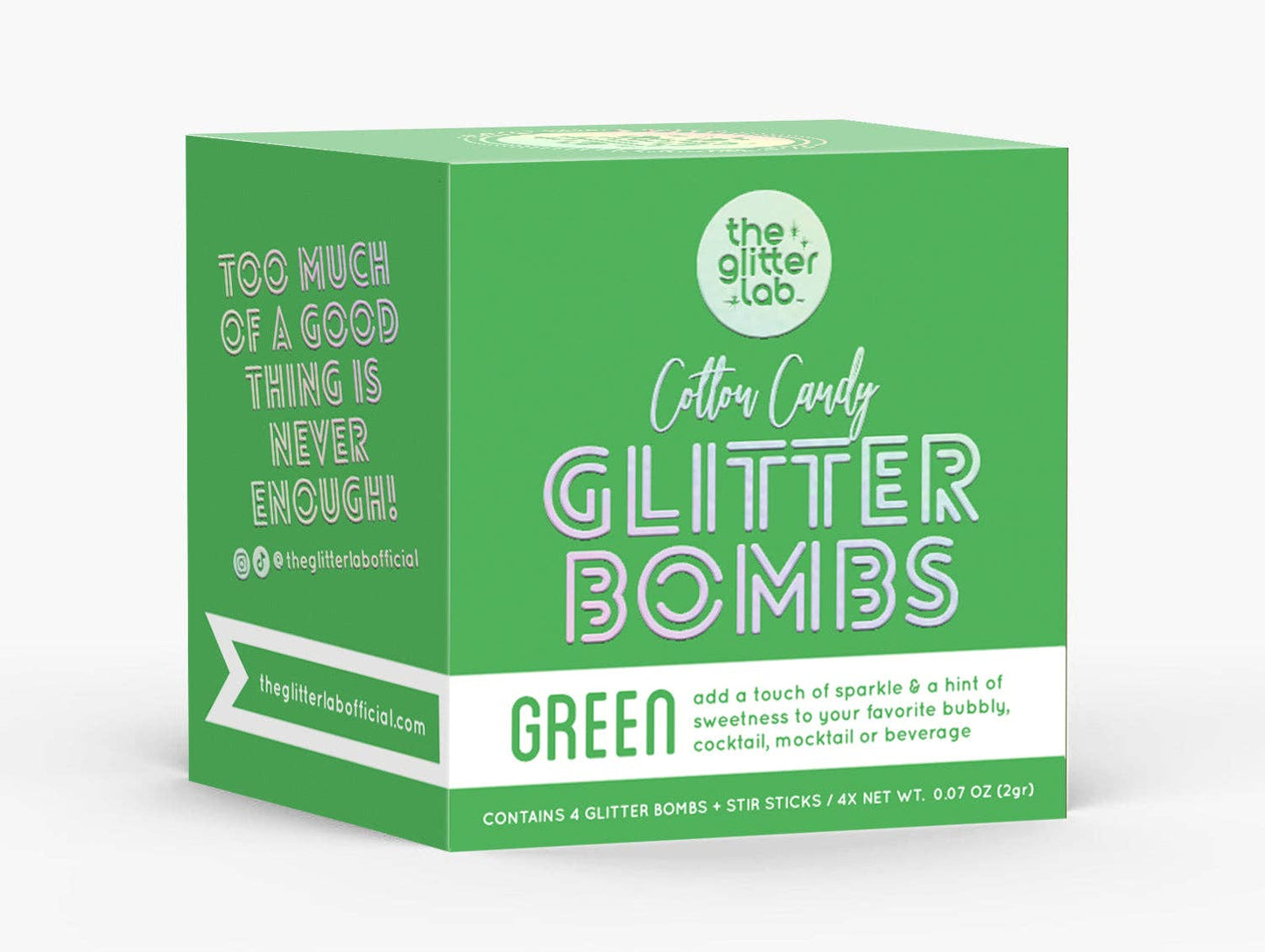 Box of Green Glitter Bombs with pouches and stir sticks, ready to add sparkle to any event.