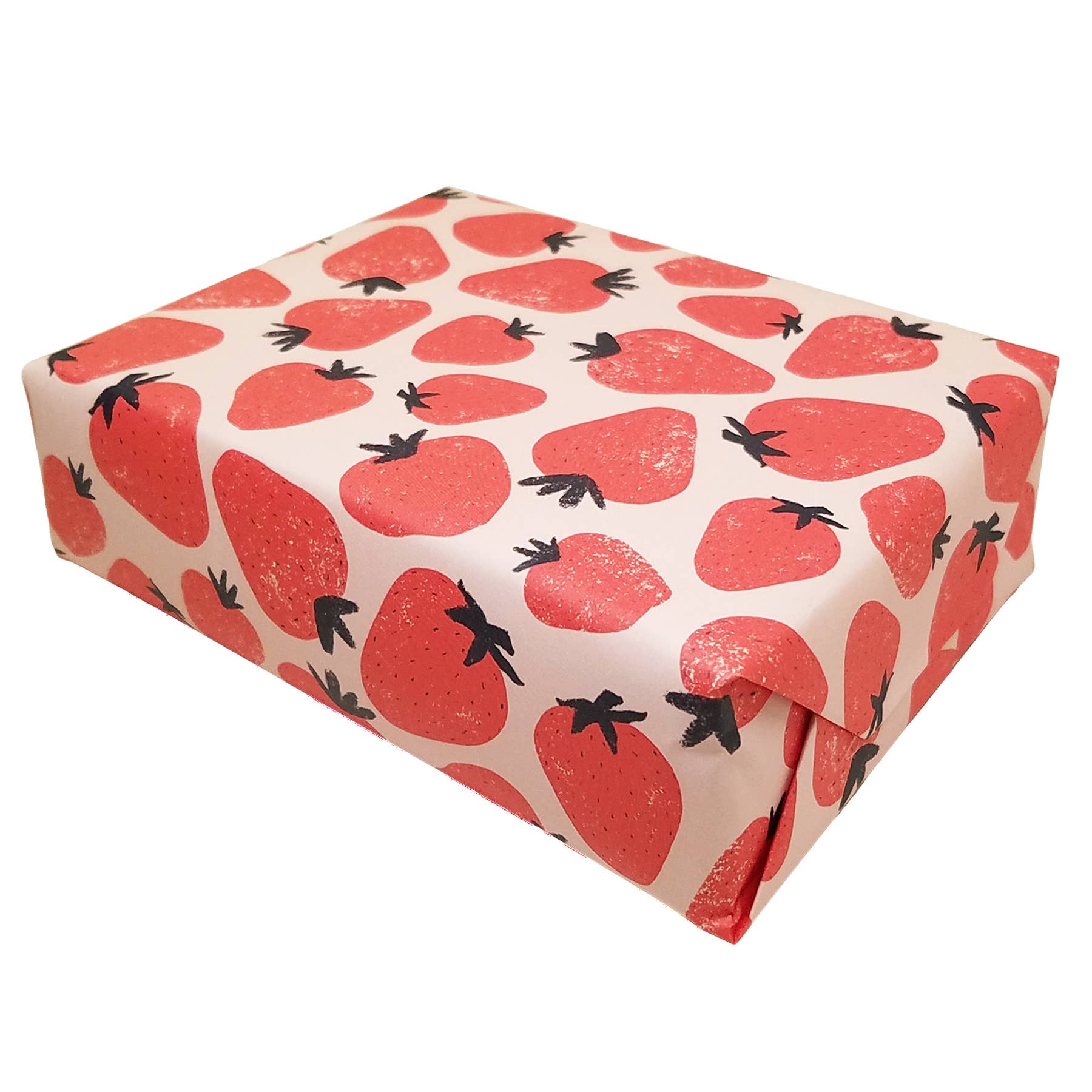 Rectangular box with strawberry pattern gift wrap on a white background