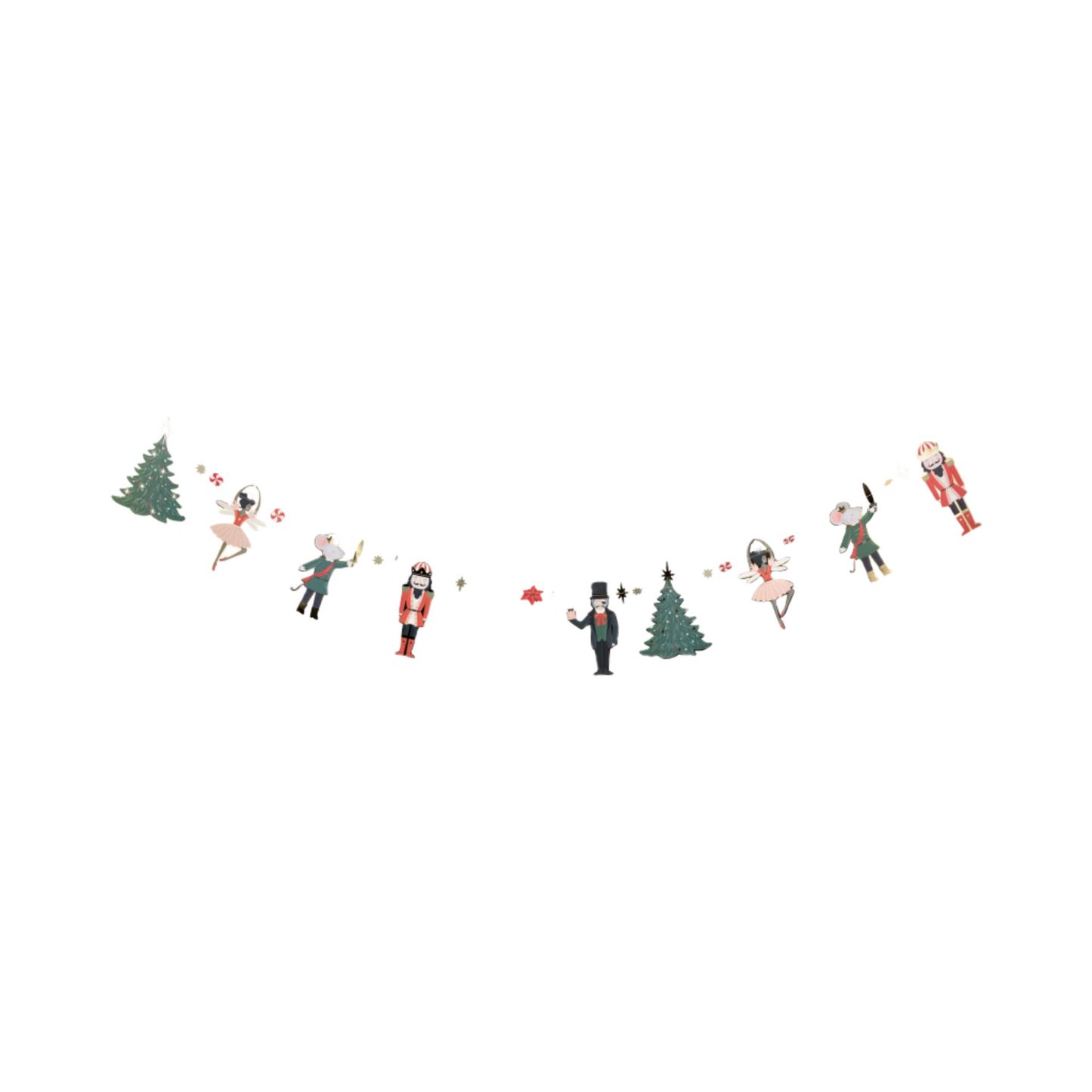 Set of small Christmas figures and trees on a white background