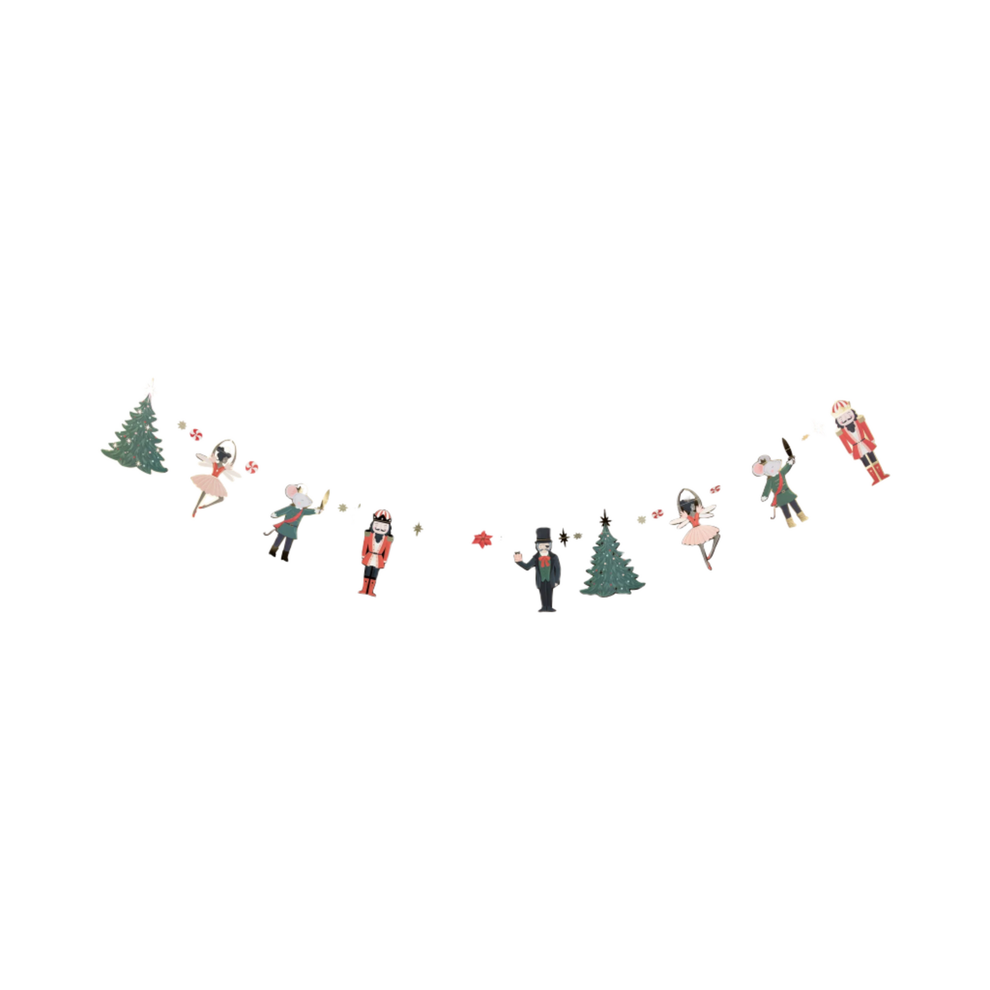 Set of small Christmas figures and trees on a white background