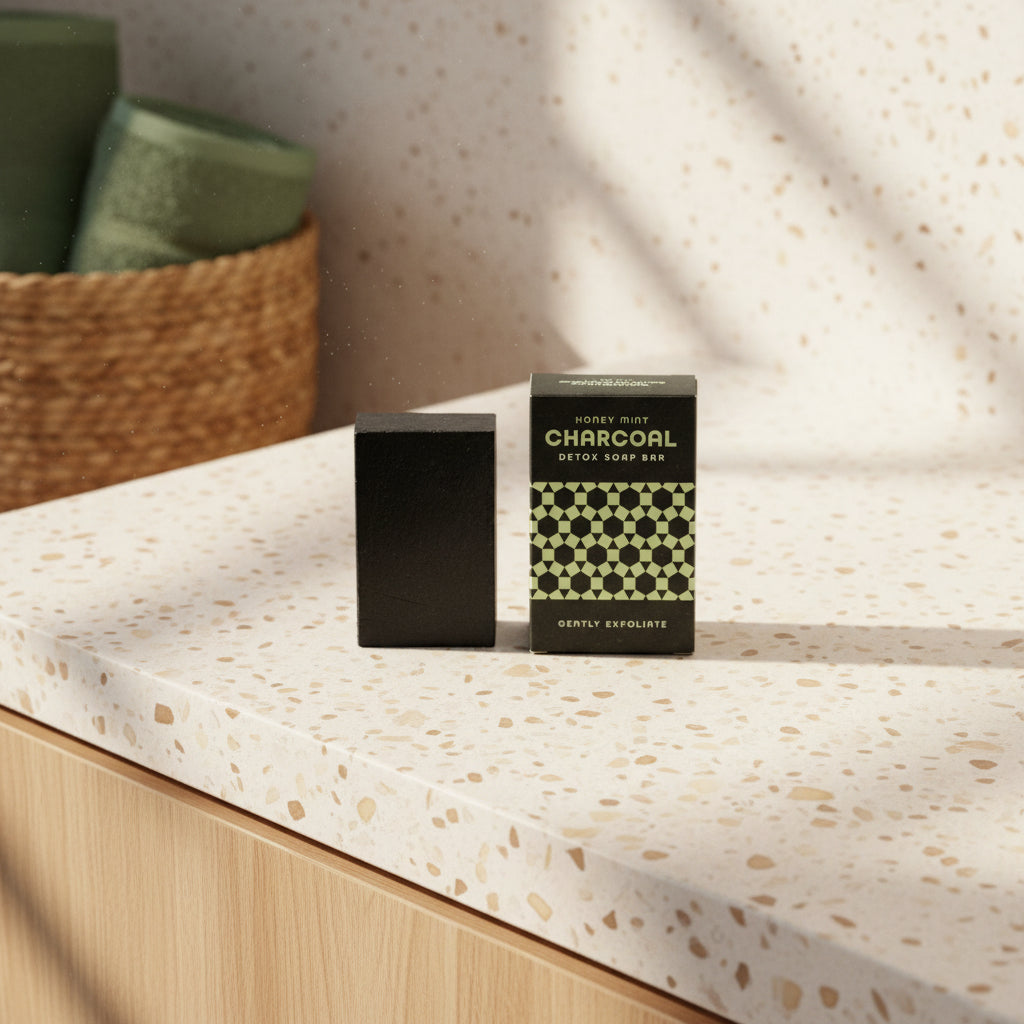 Black detox soap bar next to its packaging on a textured surface