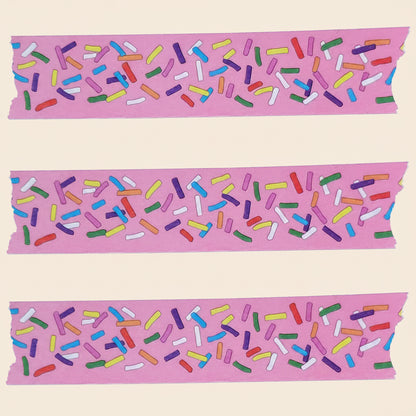 Three strips of the Sprinkle washi tape showing the fun details with a white background 
