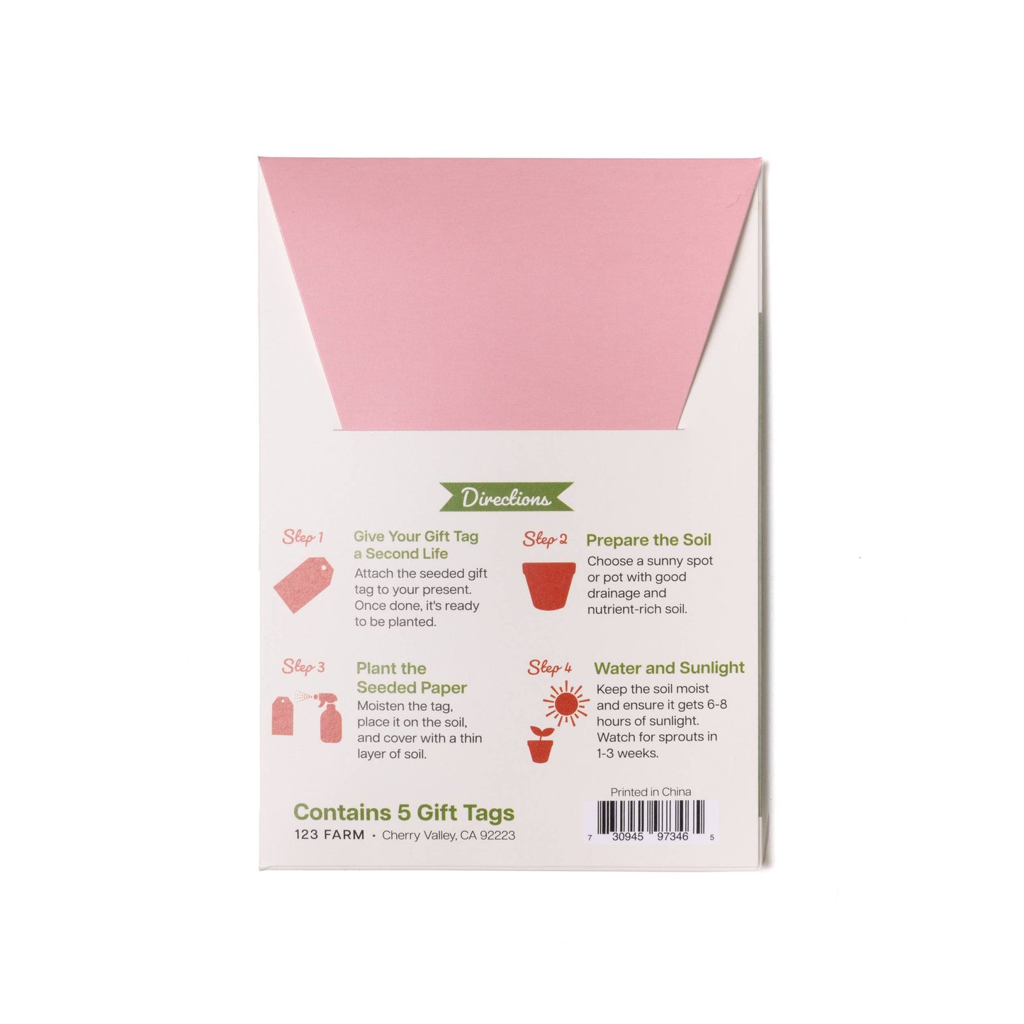 Seeded paper gift tag packaging with pink and white design on a white background