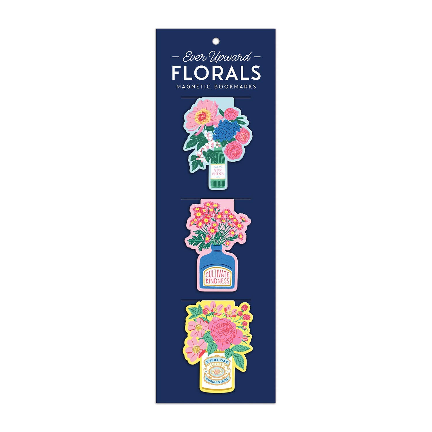 Packaging of floral magnetic bookmarks with 'Ever Upward' branding on a white background