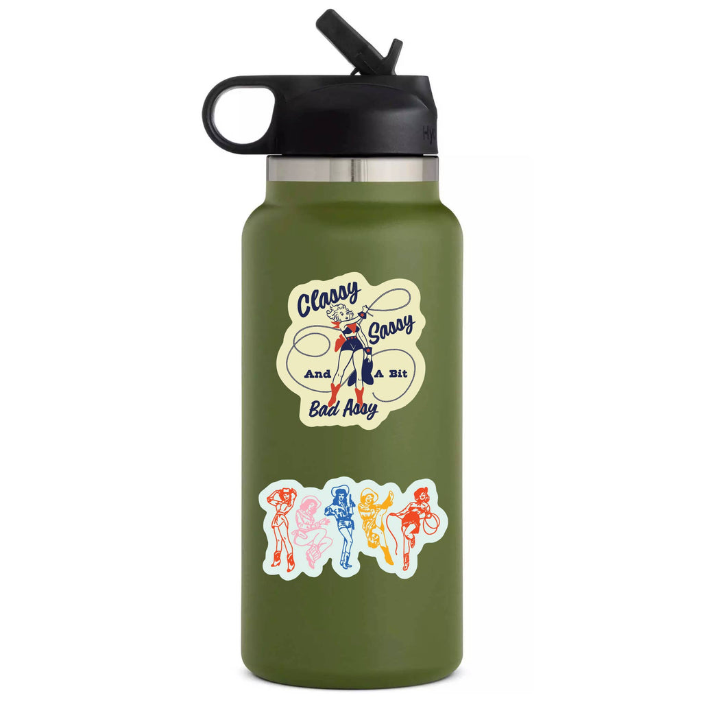 "Classy, Sassy & Badass" Cowgirl Sticker - Bold Vinyl Decal on water bottle. 