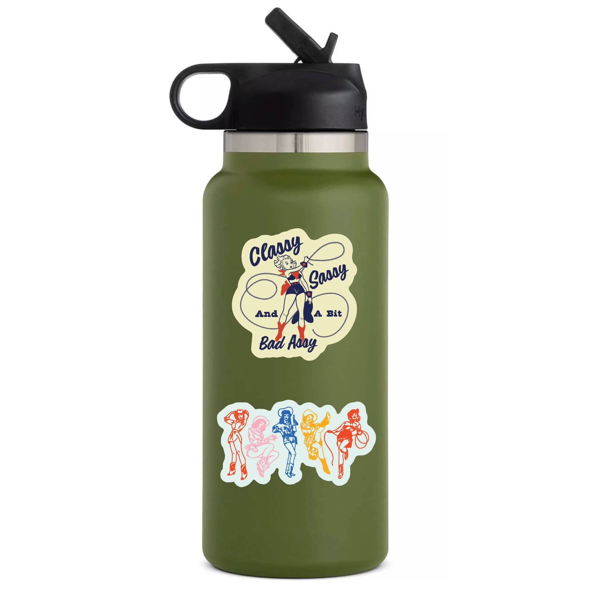 "Classy, Sassy & Badass" Cowgirl Sticker - Bold Vinyl Decal on water bottle. 