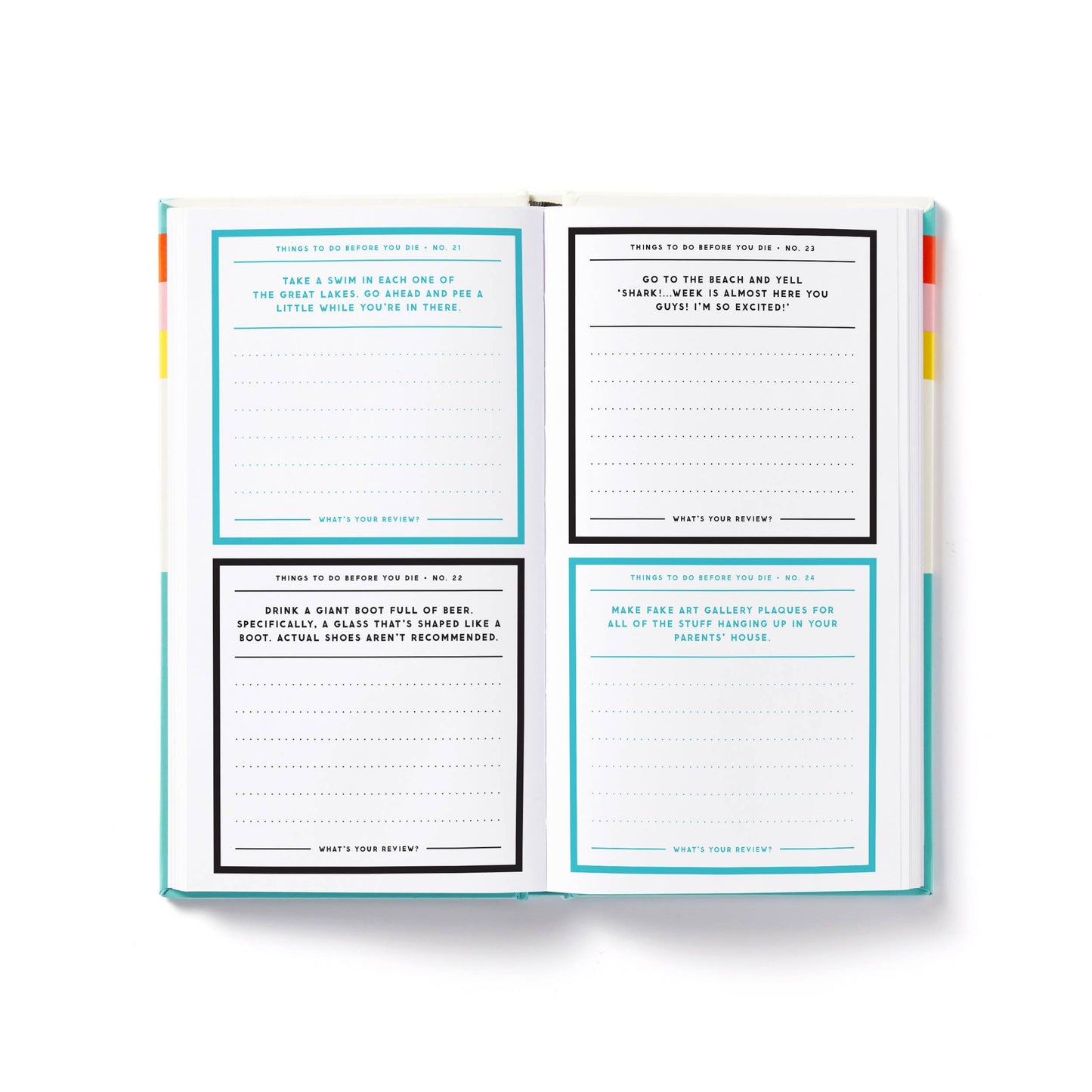 Open pages showing a variety of prompts in the journal