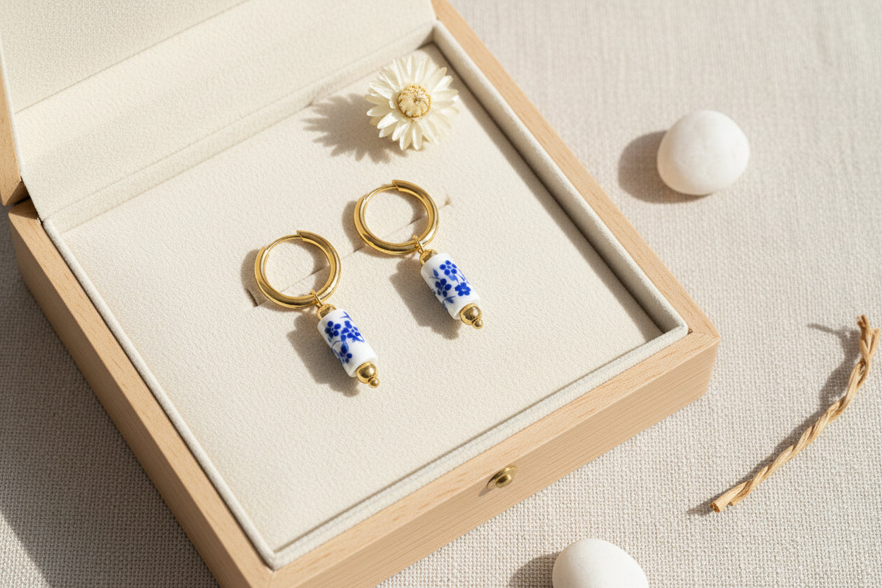 Pair of gold earrings with blue floral beads in a jewelry box on a light background