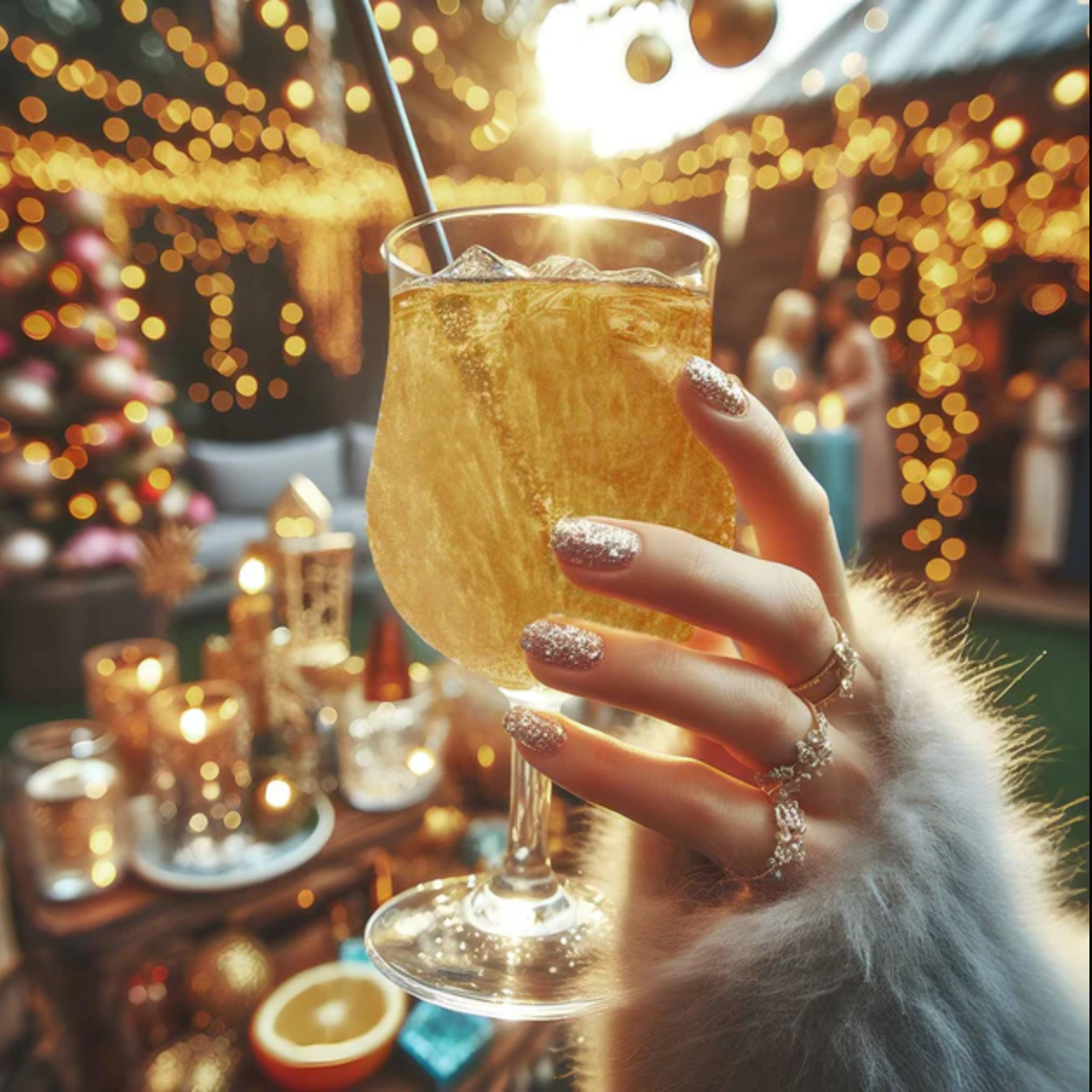 Close-up of a Gold Glitter Bomb dissolving into a clear beverage, releasing vibrant edible glitter.