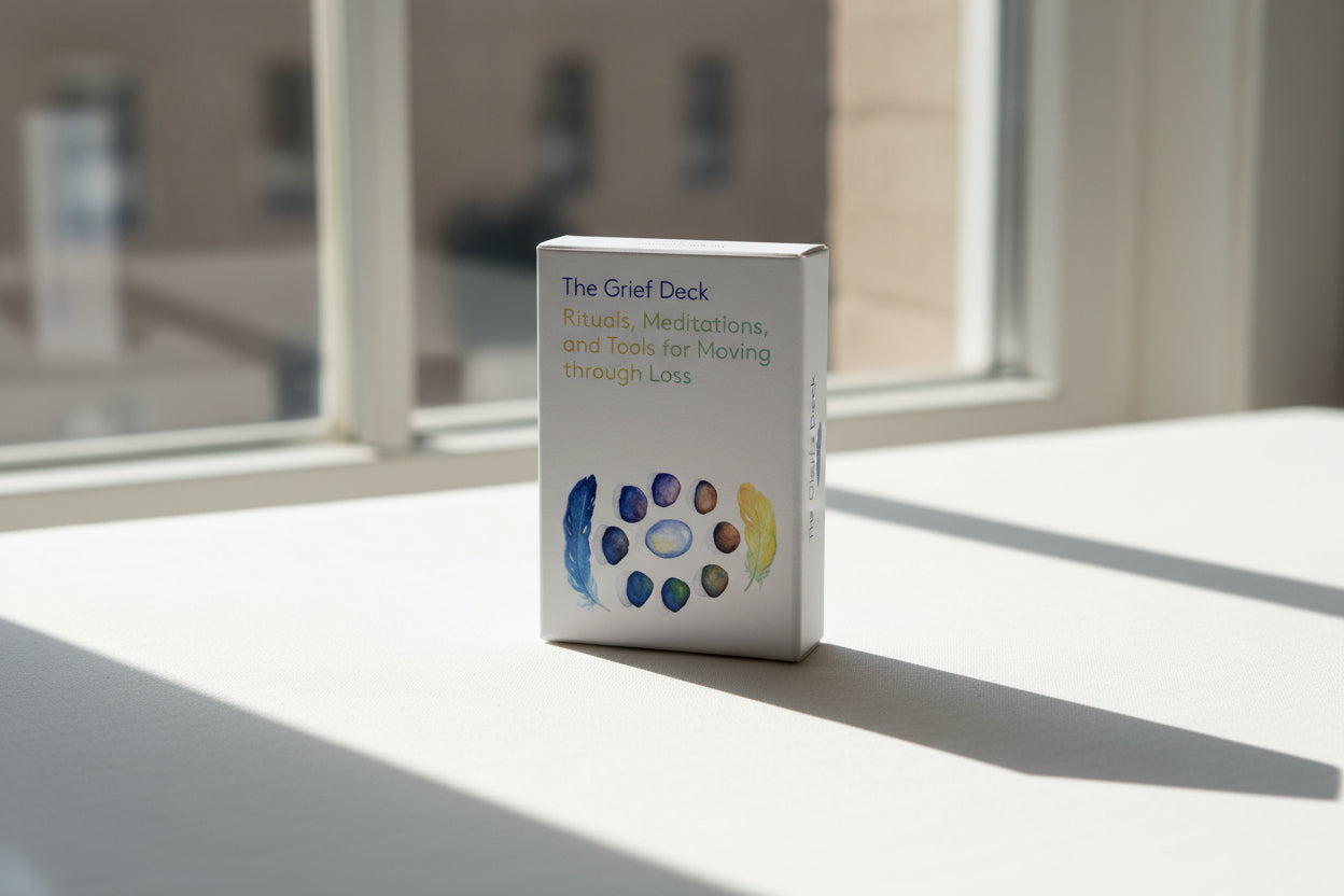 Card deck packaging titled 'The Grief Deck' on a white background