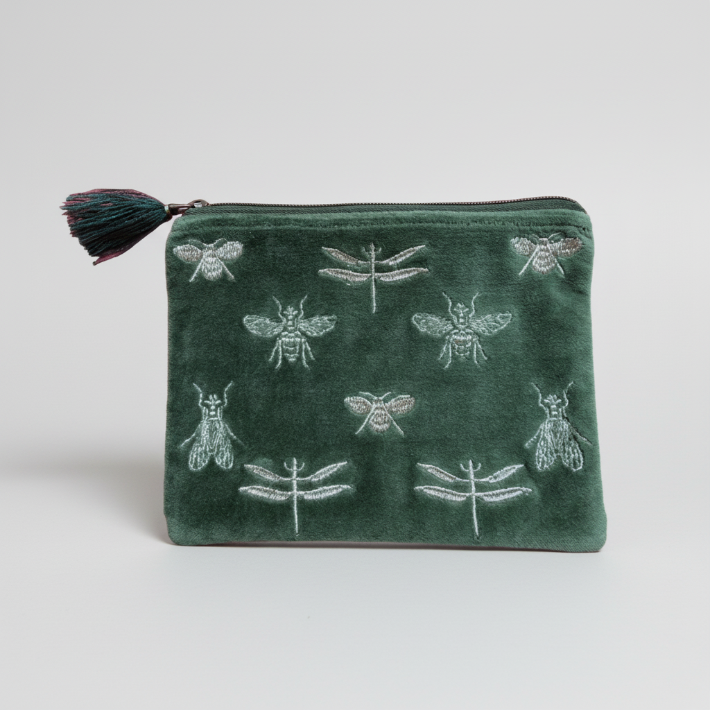 Green velvet pouch with embroidered bee and dragonfly designs on a white background