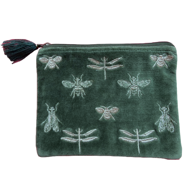 Green velvet pouch with embroidered bee and dragonfly designs on a white background
