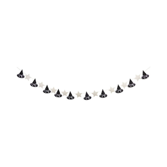 Halloween-themed garland with black witch hats and white stars on a white background