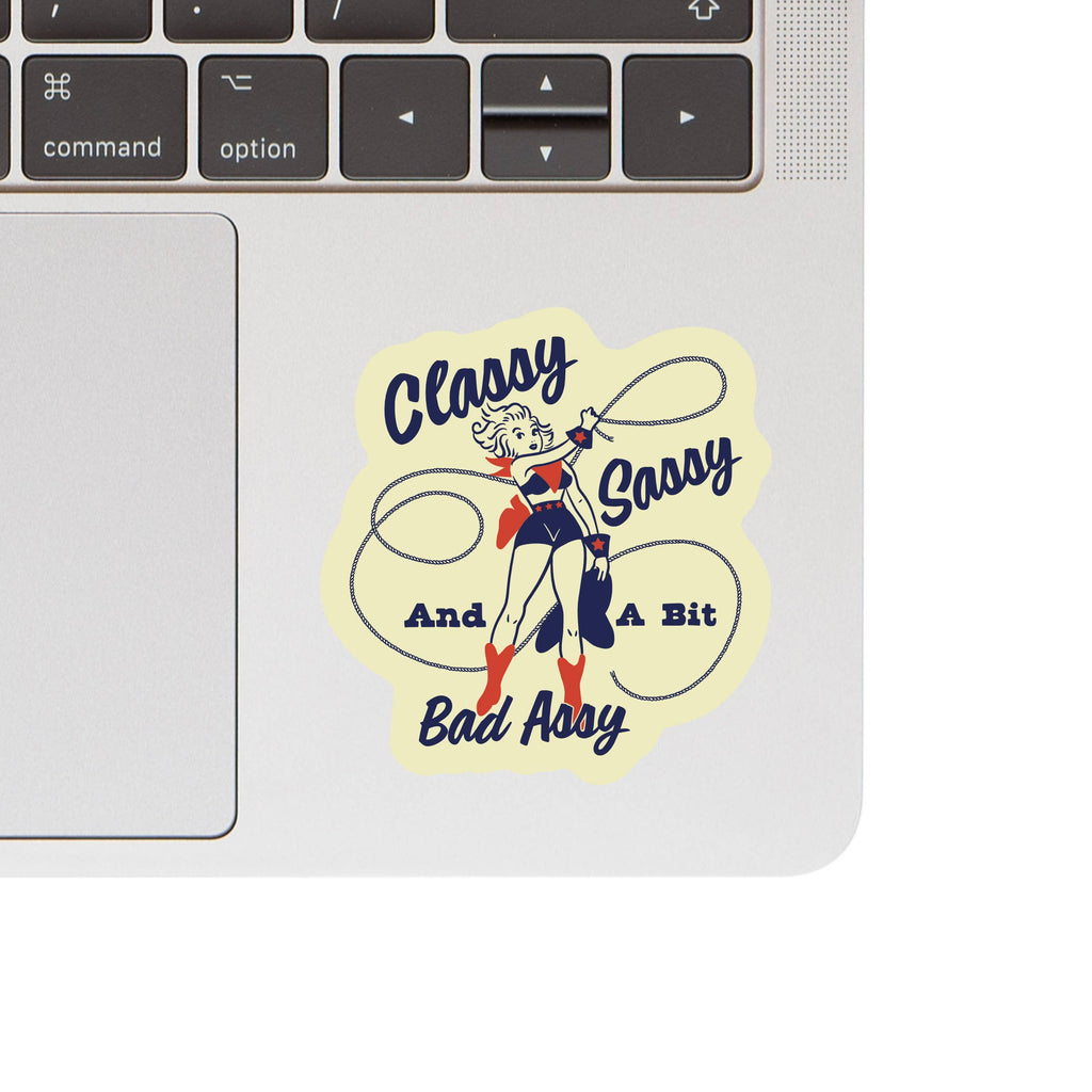 "Classy, Sassy & Badass" Cowgirl Sticker - Bold Vinyl Decal on laptop. 